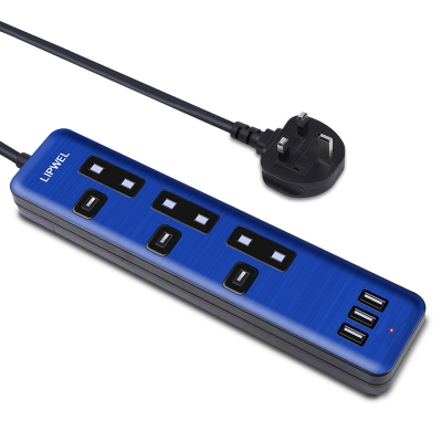 LIPWEL 1.8米电源线配有英国13安培熔断插头带3个USB端口3位电源插座防浪涌排插 - 蓝色