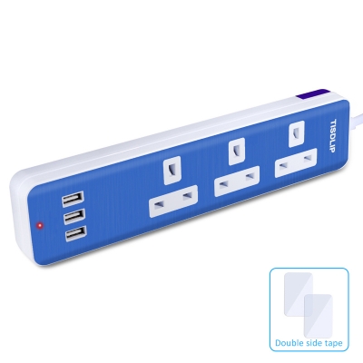 TISDLIP 1.8米电源线配有13安培熔断插头电源线3位英规插座3个USB端口防浪涌排插 - 蓝色
