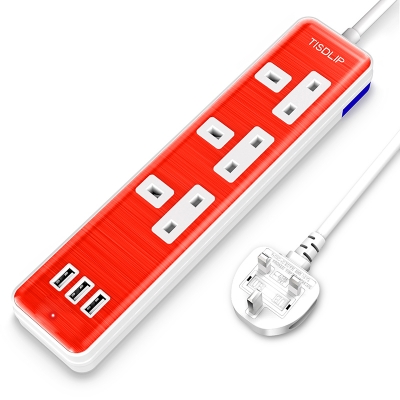TISDLIP Extension Lead with USB, 3 Way 13A Power Strip with 3 USB Ports UK Power Socket 1.8M Extension Cords - Red