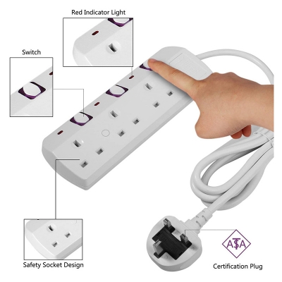 Extension Lead with Individually Switched UK Plug Socket Power Strip with Indicator