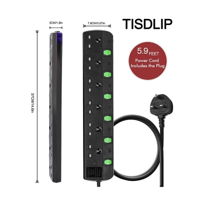 TISDLIP 1.8M Electrical Extension Lead UK Power Strip 3 Power Sockets with Switches - Black