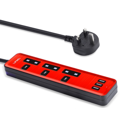 LIPWEL 1.8米带保险丝英国插头3位插座3个USB防浪涌电源排插 - 红色