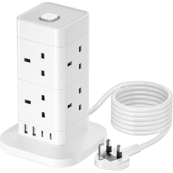 Tower Surge Protector Power Strip 12/8/4 Way UK Extension Lead with USB Ports, 13A Surge Protection, Vertical Charging Station