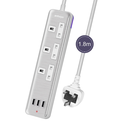 ANHOYO Extension Lead 3 Way Wall Mountable Multi Plug Extension with Surge Protection and 3 USB Slots 13amp Extension Lead Power Strip 1.8M Cable - Silver