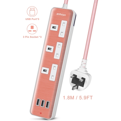 ANHOYO Extension Lead with USB 3 AC Sockets 3 USB Charging Ports Surge Protected 13A UK Power Strips Multi Socket with 1.8M Nylon Braided Durable Power Cable - Rose Golden