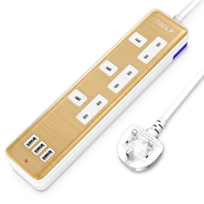 TISDLIP Extension Lead 1.8M, 3 Way Power Strip with 3 USB, Multi Plug Extension Sockets, UK Mains Extension Plug for TV PC Laptops iPhones Tablets - Golden