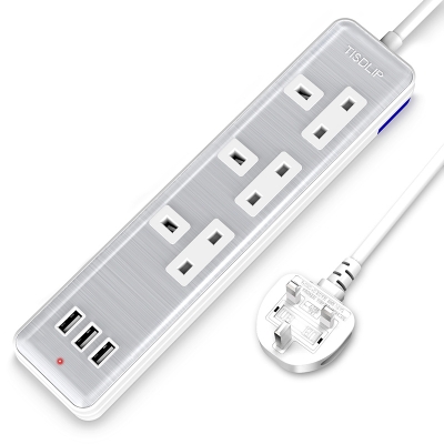 TISDLIP 3 Way Extension Lead with 3 USB Slots, 13A UK Plug Extension, Wall Mounted Power Strip with 1.8M Extension Cable - Silver