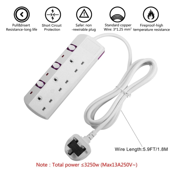 UK Extension Lead Power Strip WithIndividual Switches Power Socket