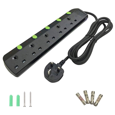  TISDLIP Series 1.8m UK Power Strip 5 AC Outlets with Individual Switch - Black